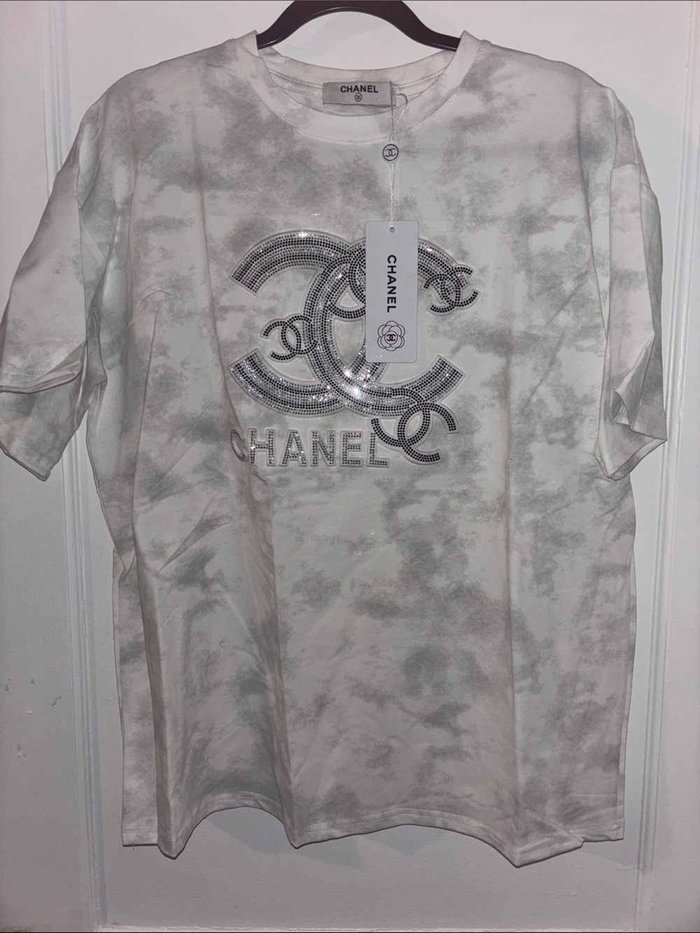 Fashion Shirt  White & Light Gray Tie-Dye Crystal Logo Short Sleeve Tee